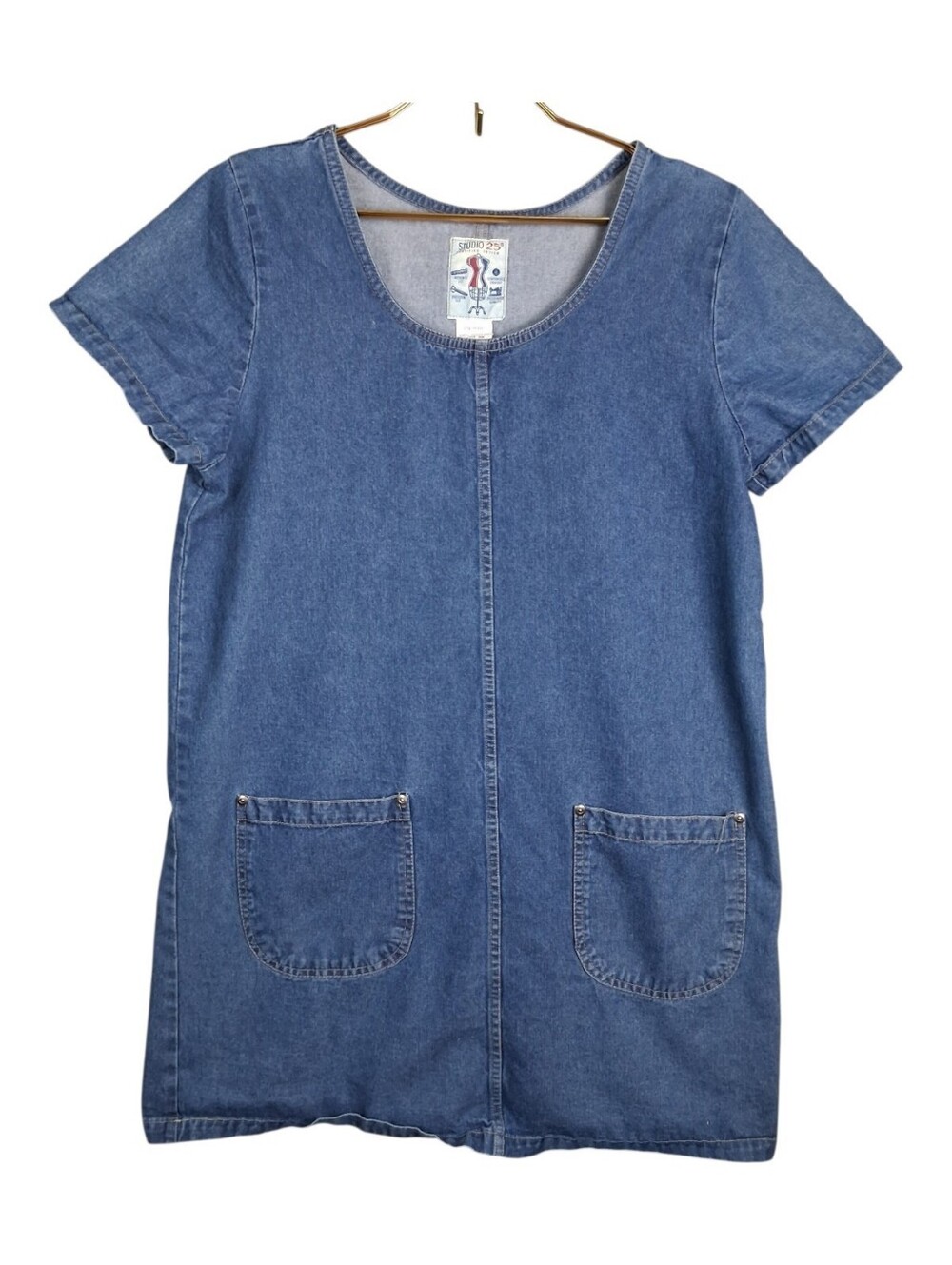 Vtg Studio 25 Denim Shift Dress Large L 90s Cotton Short Sleeve Pockets Jean